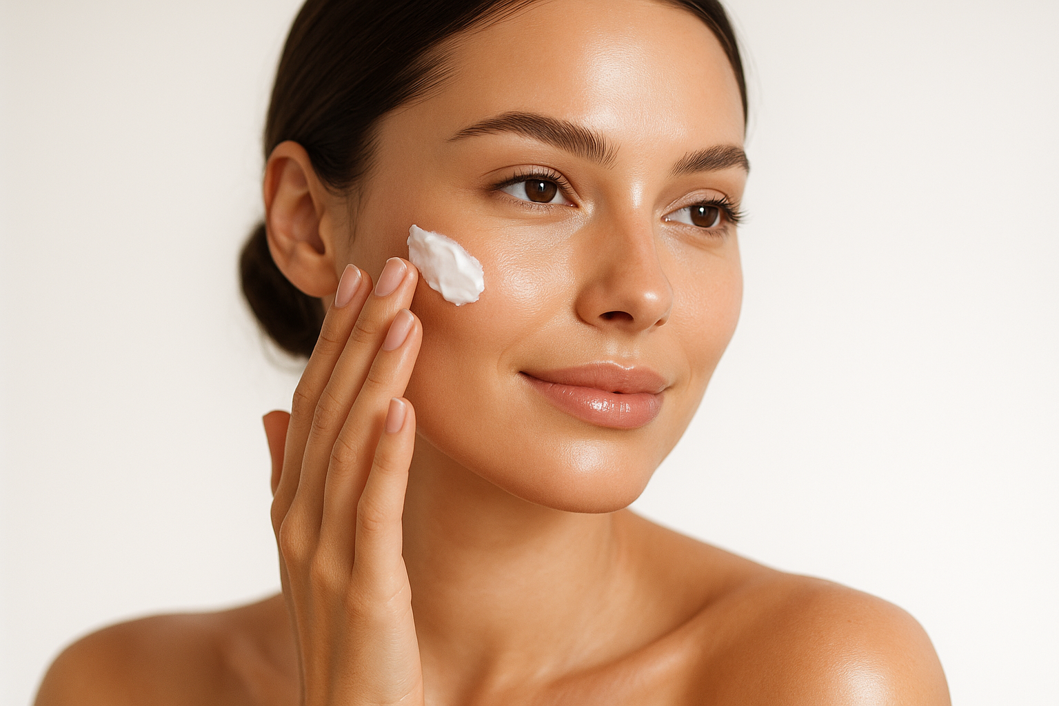 "Beautiful woman with glowing skin, applying face cream, soft natural lighting, clean white background, modern beauty skincare ad, close-up portrait, elegant and fresh look"
